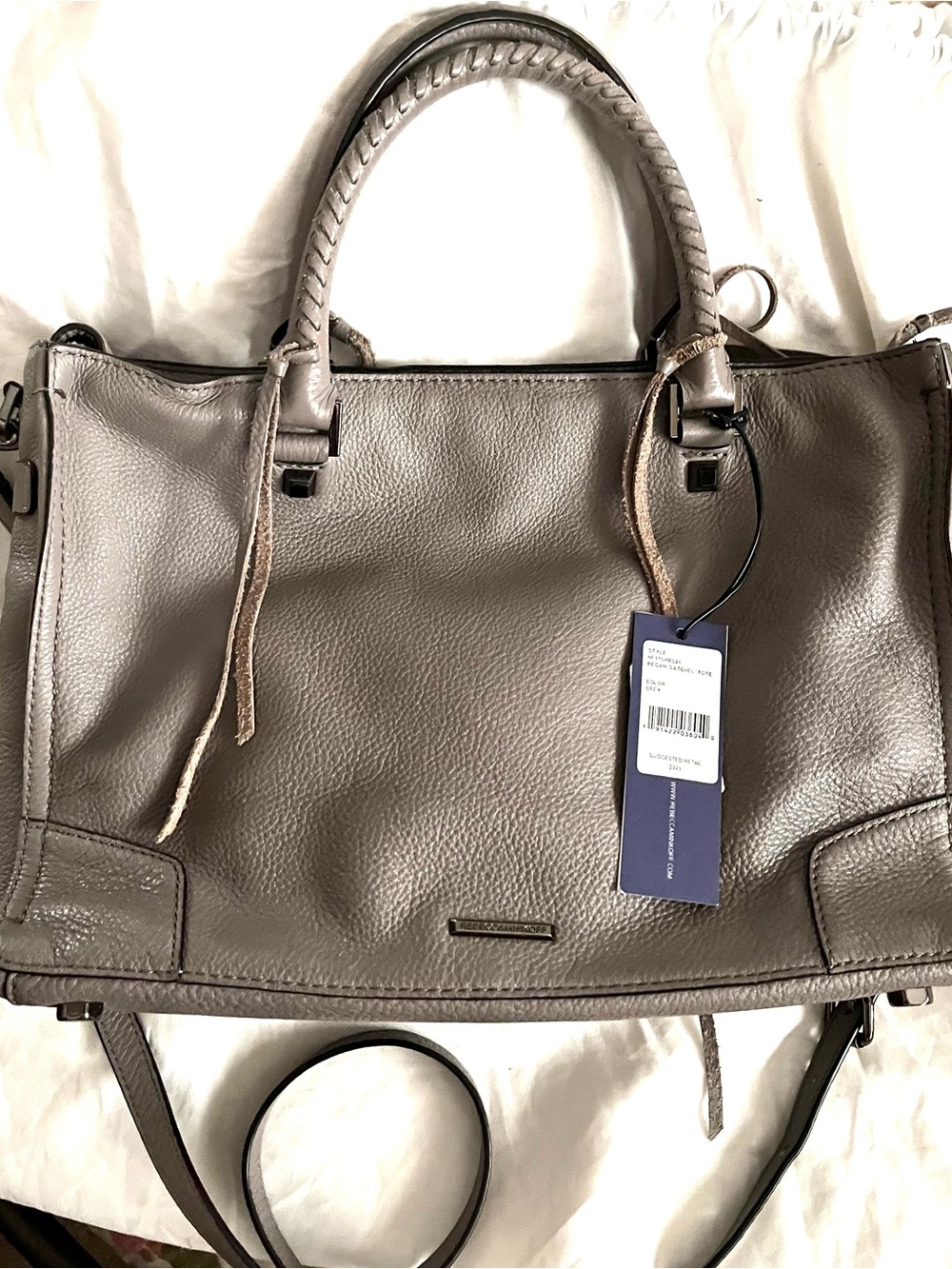 Rebecca Minkoff Grey Leather Satchel with Top Handles and Crossbody strap
